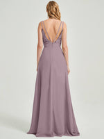 Double Spaghetti Straps Slit Lace Chiffon Floor Length Bridesmaid Dress - Thana