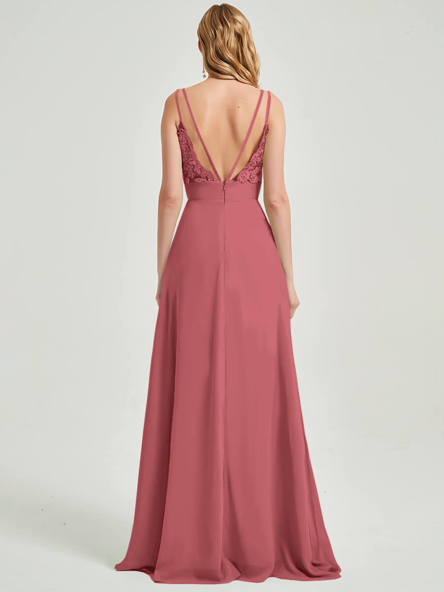 Double Spaghetti Straps Slit Lace Chiffon Bridesmaid Dress - Thana