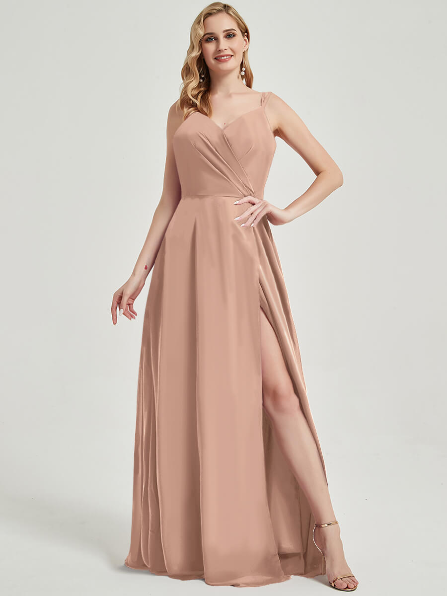 English Rose Double Spaghetti Straps Slit Lace Chiffon Bridesmaid Dress - Thana