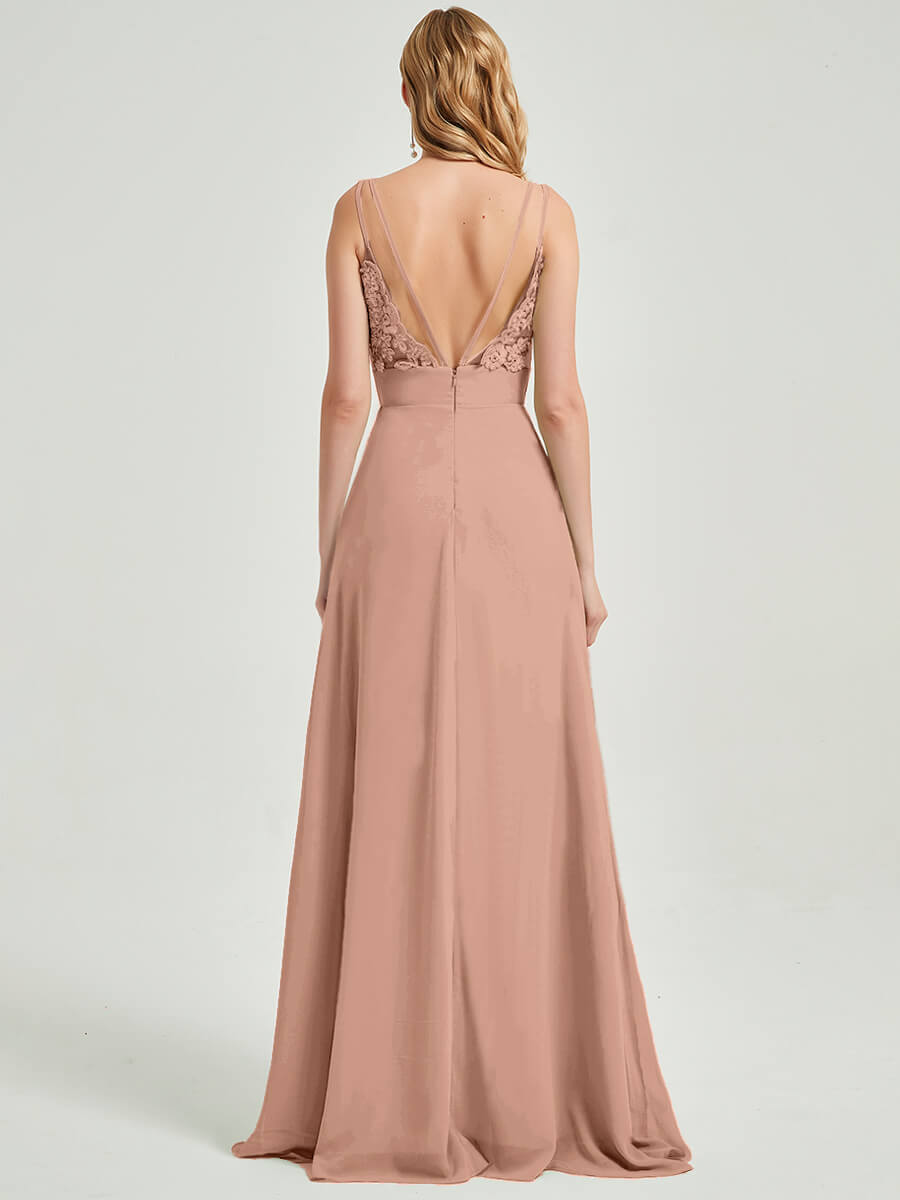 English Rose Double Spaghetti Straps Slit Lace Chiffon Bridesmaid Dress - Thana