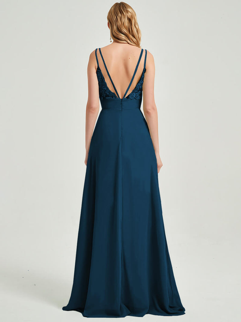 Ink Blue Double Spaghetti Straps Slit Lace Chiffon Bridesmaid Dress - Thana