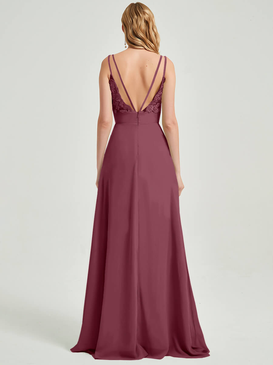 Double Spaghetti Straps Slit Lace Chiffon Bridesmaid Dress - Thana