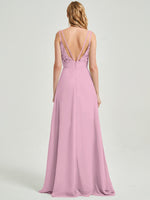Double Spaghetti Straps Slit Lace Chiffon Floor Length Bridesmaid Dress - Thana