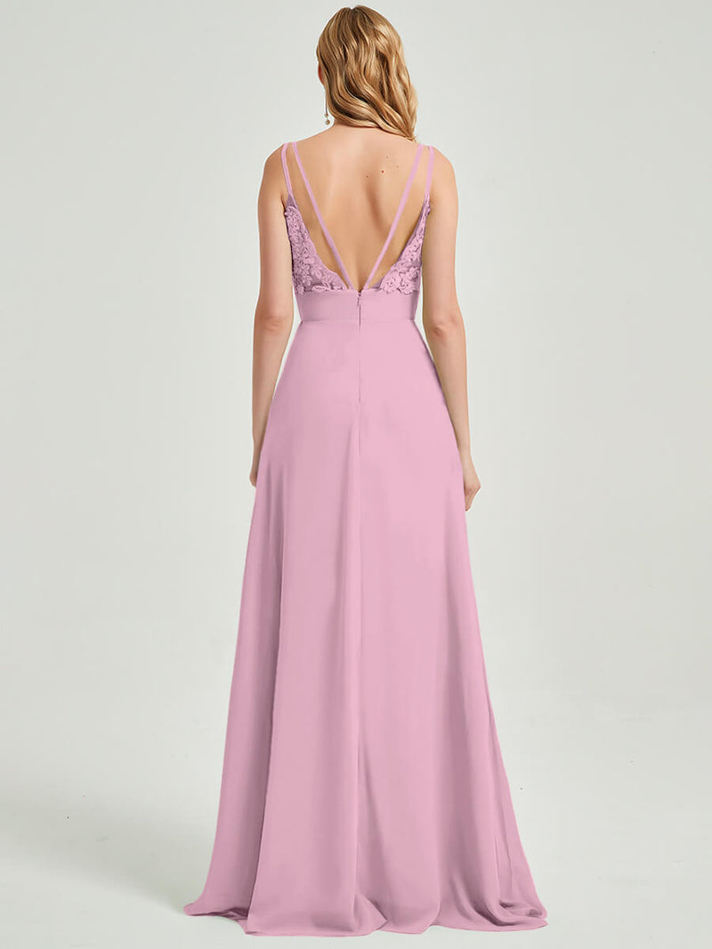 Double Spaghetti Straps Slit Lace Chiffon Floor Length Bridesmaid Dress - Thana