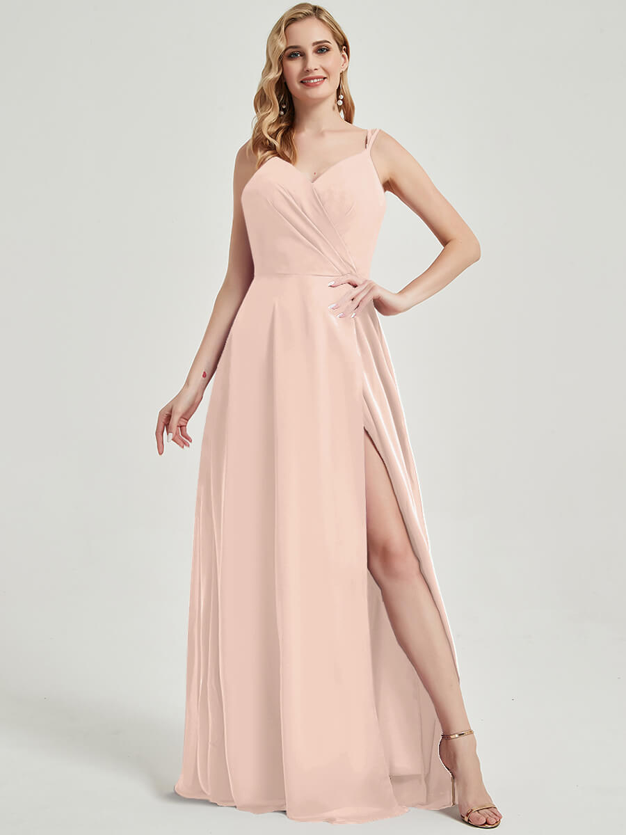 Pearl Pink Double Spaghetti Straps Slit Lace Chiffon Bridesmaid Dress - Thana