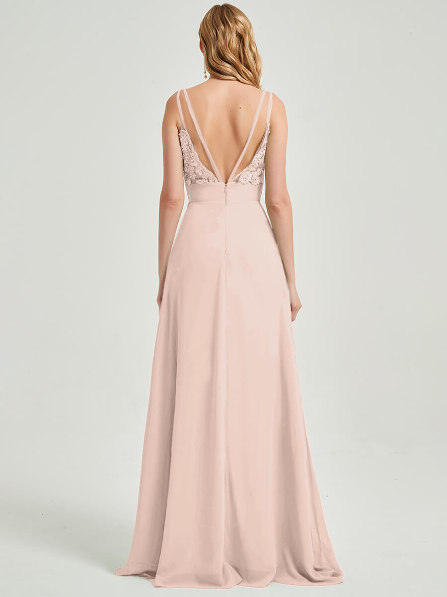 Pearl Pink Double Spaghetti Straps Slit Lace Chiffon Bridesmaid Dress - Thana