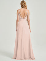  Double Spaghetti Straps Slit Lace Chiffon Pearl Pink Bridesmaid Dress - Thana