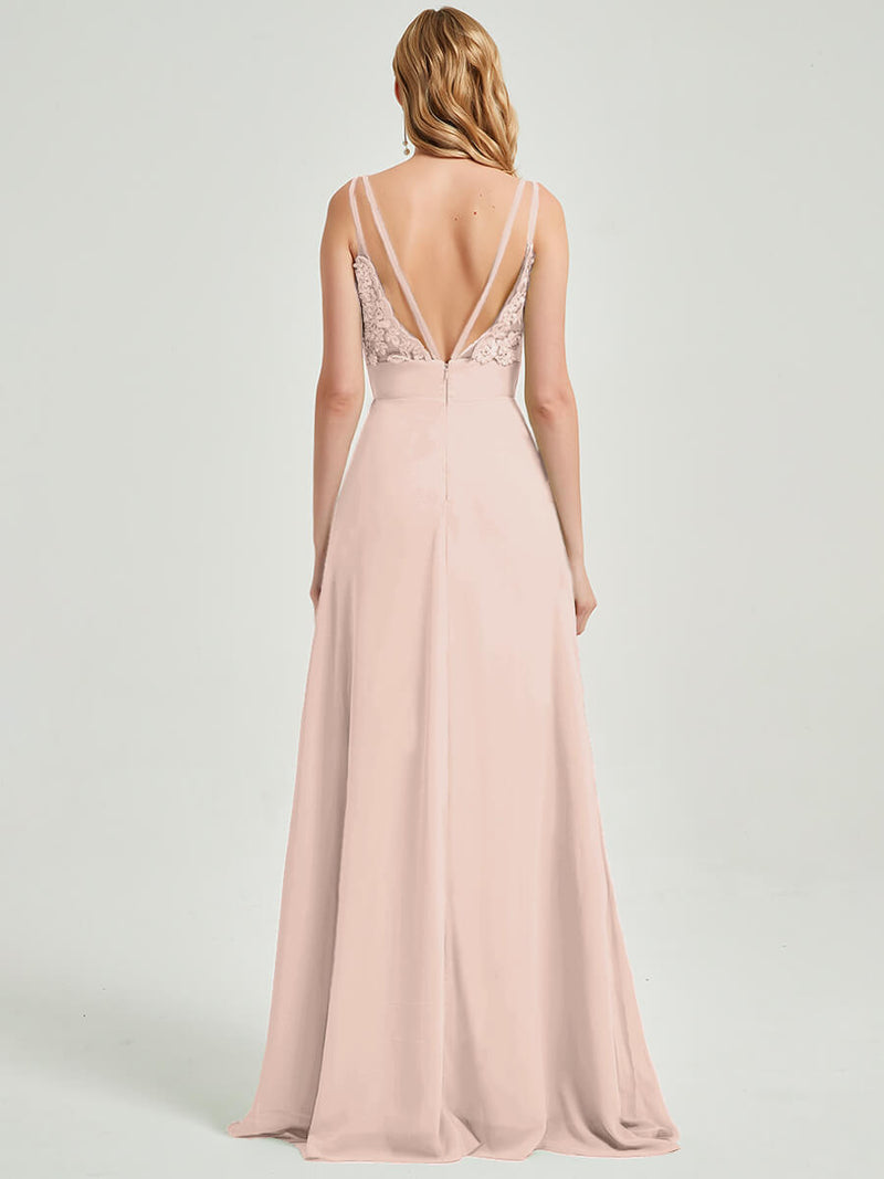  Double Spaghetti Straps Slit Lace Chiffon Pearl Pink Bridesmaid Dress - Thana