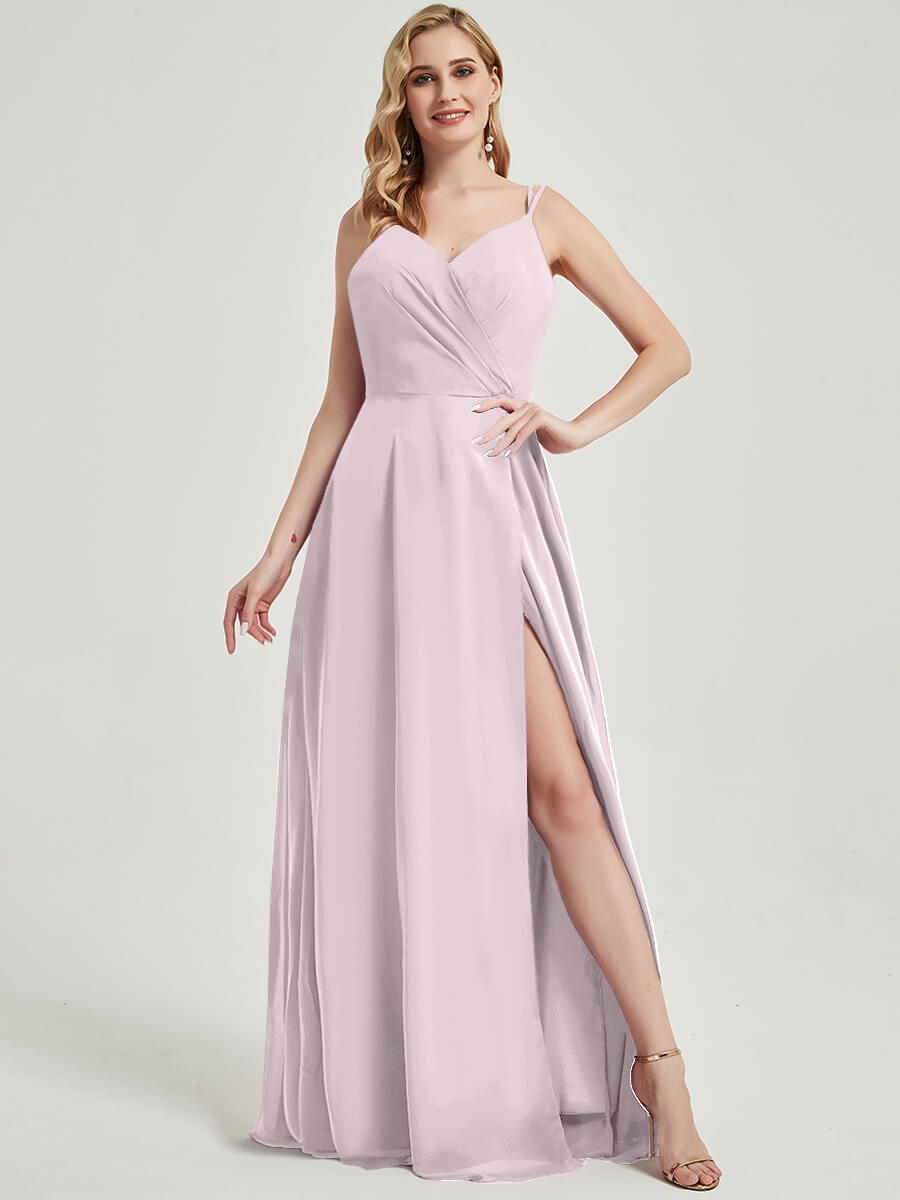 Pale Rose Double Spaghetti Straps Slit Lace Chiffon Bridesmaid Dress - Thana