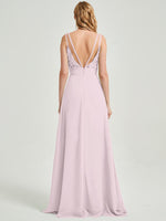 Double Spaghetti Straps Slit Lace Chiffon Pale Rose  Bridesmaid Dress - Thana