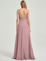 Double Spaghetti Straps Slit Lace Chiffon Floor Length Bridesmaid Dress - Thana