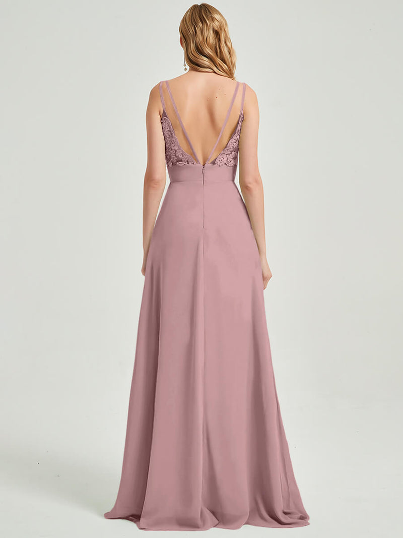 Double Spaghetti Straps Slit Lace Chiffon Floor Length Bridesmaid Dress - Thana