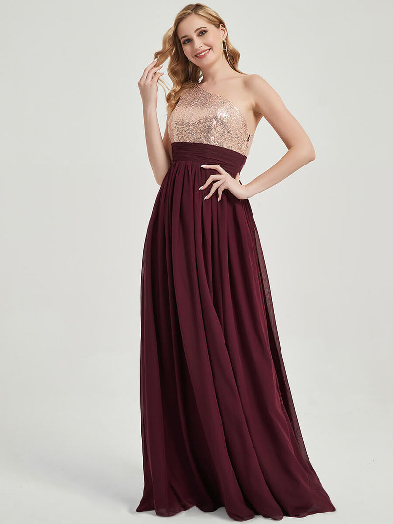 Burgundy Sequined Chiffon Bridesmaid Dress - Sidney