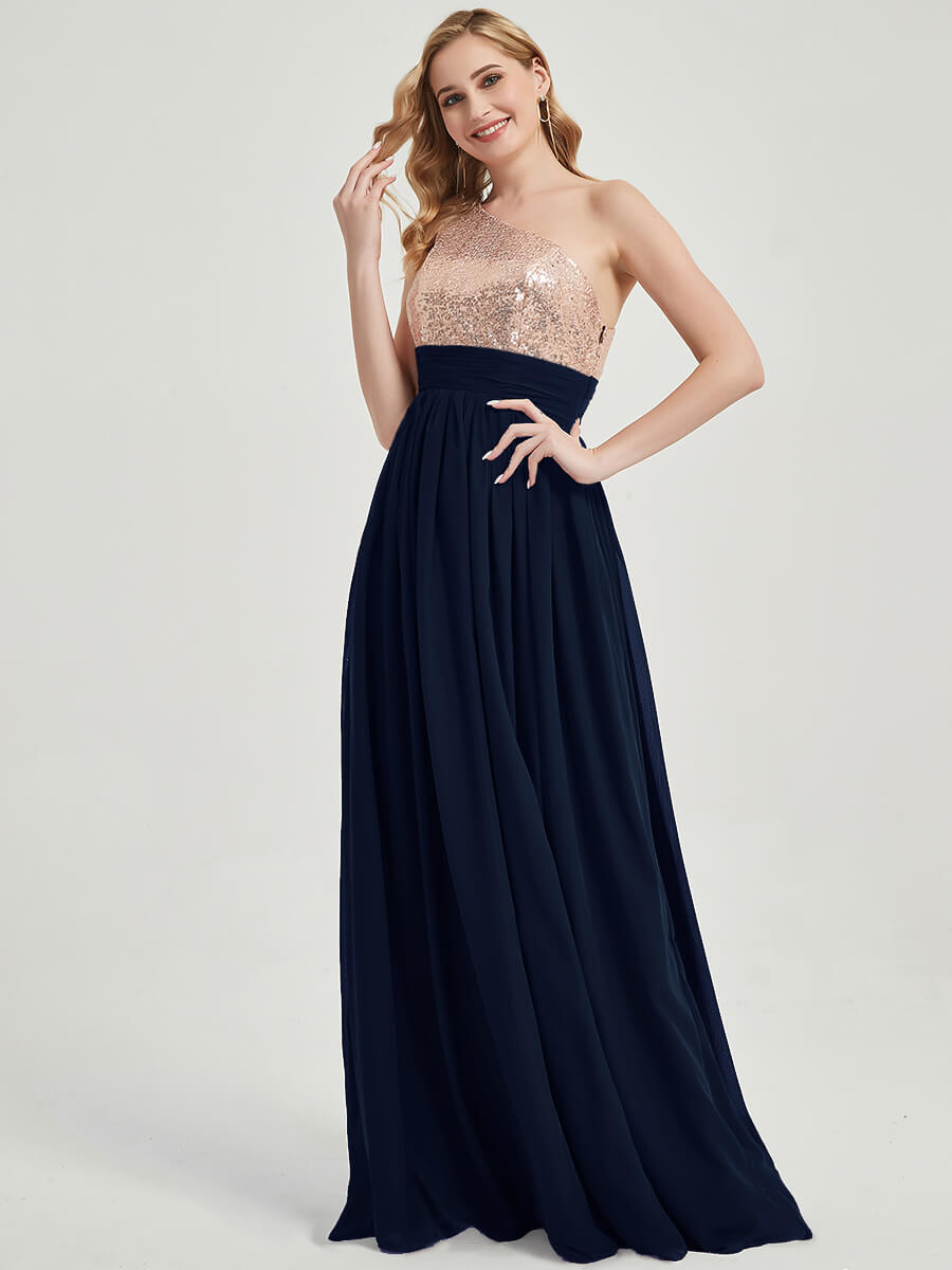 Dark Navy Sequined Chiffon Bridesmaid Dress - Sidney