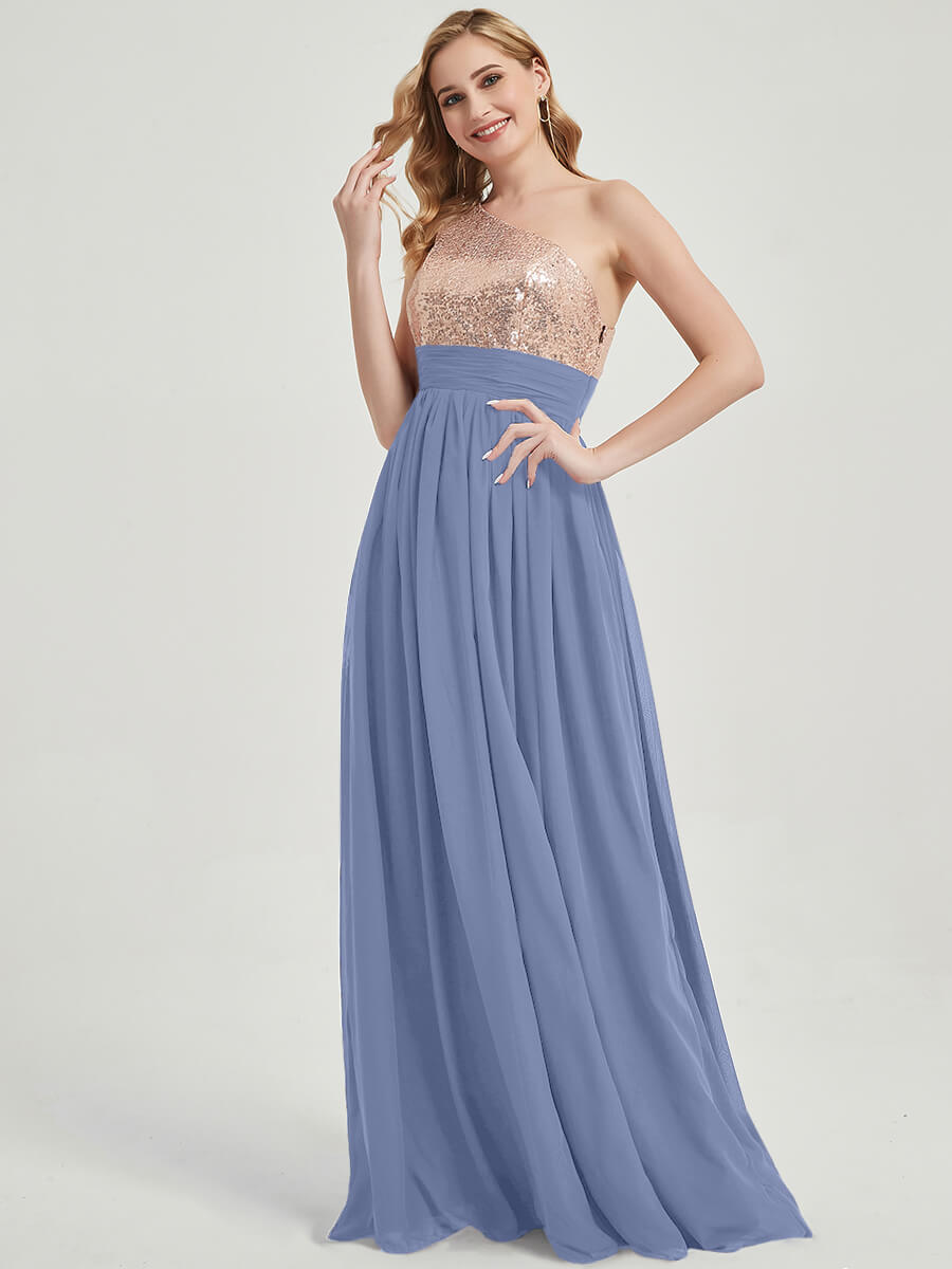 Slate Blue Sequined Chiffon Bridesmaid Dress - Sidney