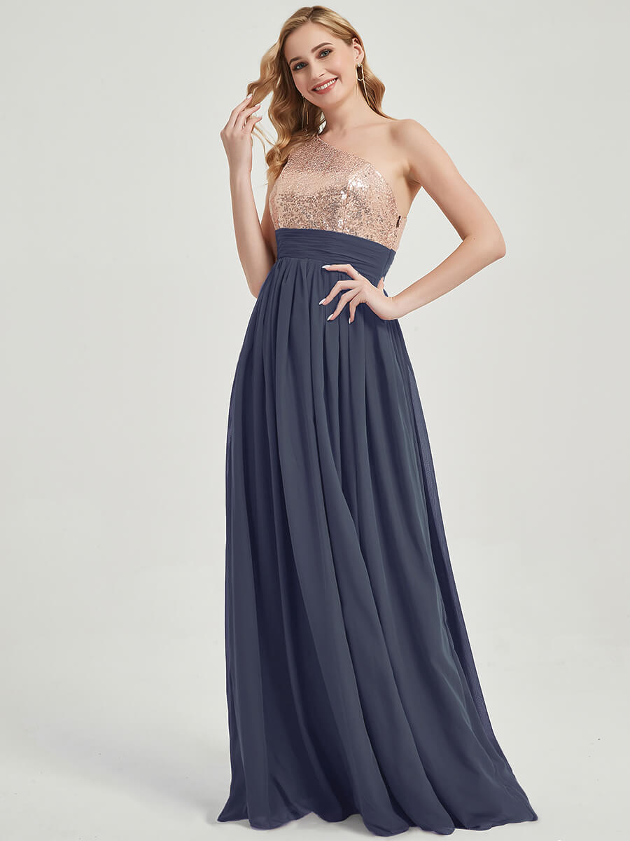 Slate Blue Sequined Chiffon Bridesmaid Dress - Sidney