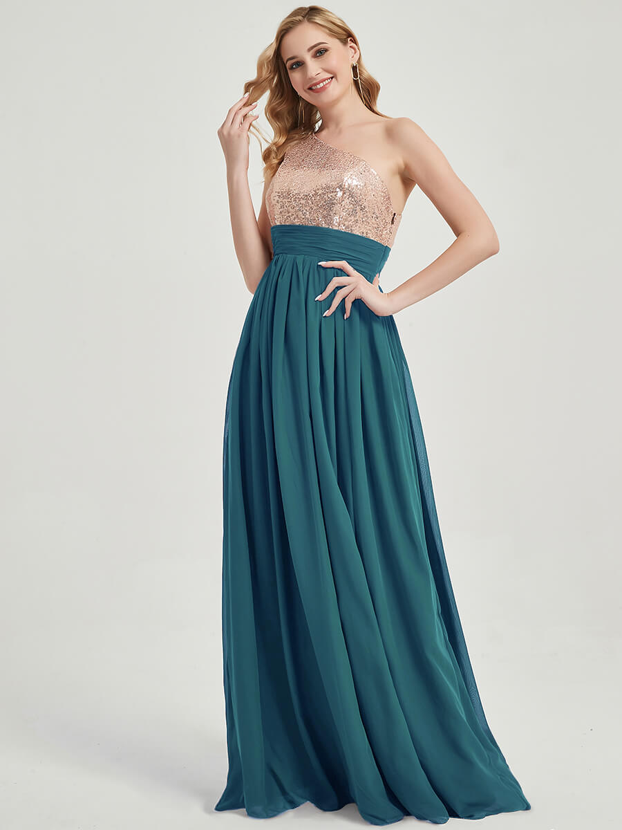 Teal Sequined Chiffon Bridesmaid Dress - Sidney