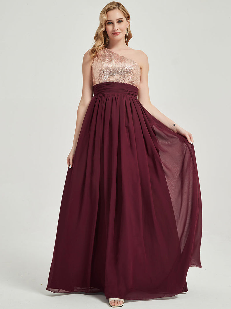 English Rose One-Shoulder Sleeveless Chiffon Sequin Bridesmaid Dress