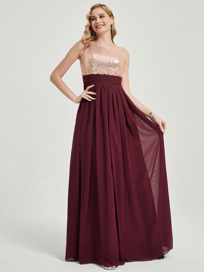 Plum One-Shoulder Sequin Chiffon Floor Length A-Line Bridesmaid Dress