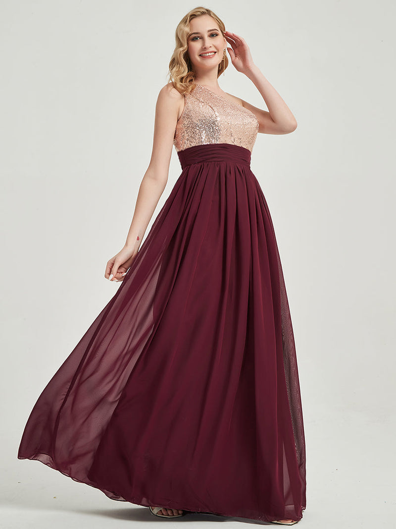 Dusty Pink One-Shoulder Sleeveless Chiffon Sequin Maxi Bridesmaid Dress