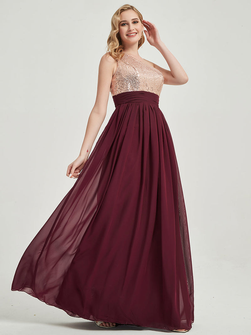 Rusty Red One-Shoulder Sequin Chiffon Maxi A-Line Bridesmaid Dress