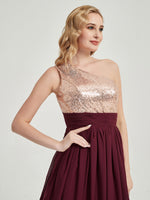 Blush One-Shoulder Sleeveless Chiffon Sequin Maxi Bridesmaid Dress