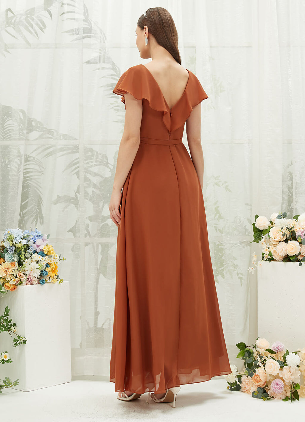 Burnt Orange Chiffon Cap Sleeve Bridesmaid Dress Jael