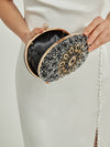 Evening Artificial Black Diamond Clutch with Wrist Handle and Metal Chain