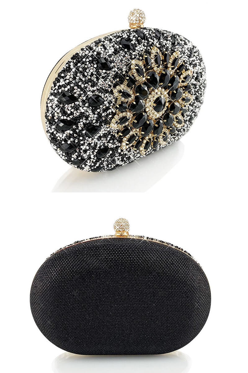 Artificial Diamond Evening  Clutch with Wrist Handle and Metal Chain