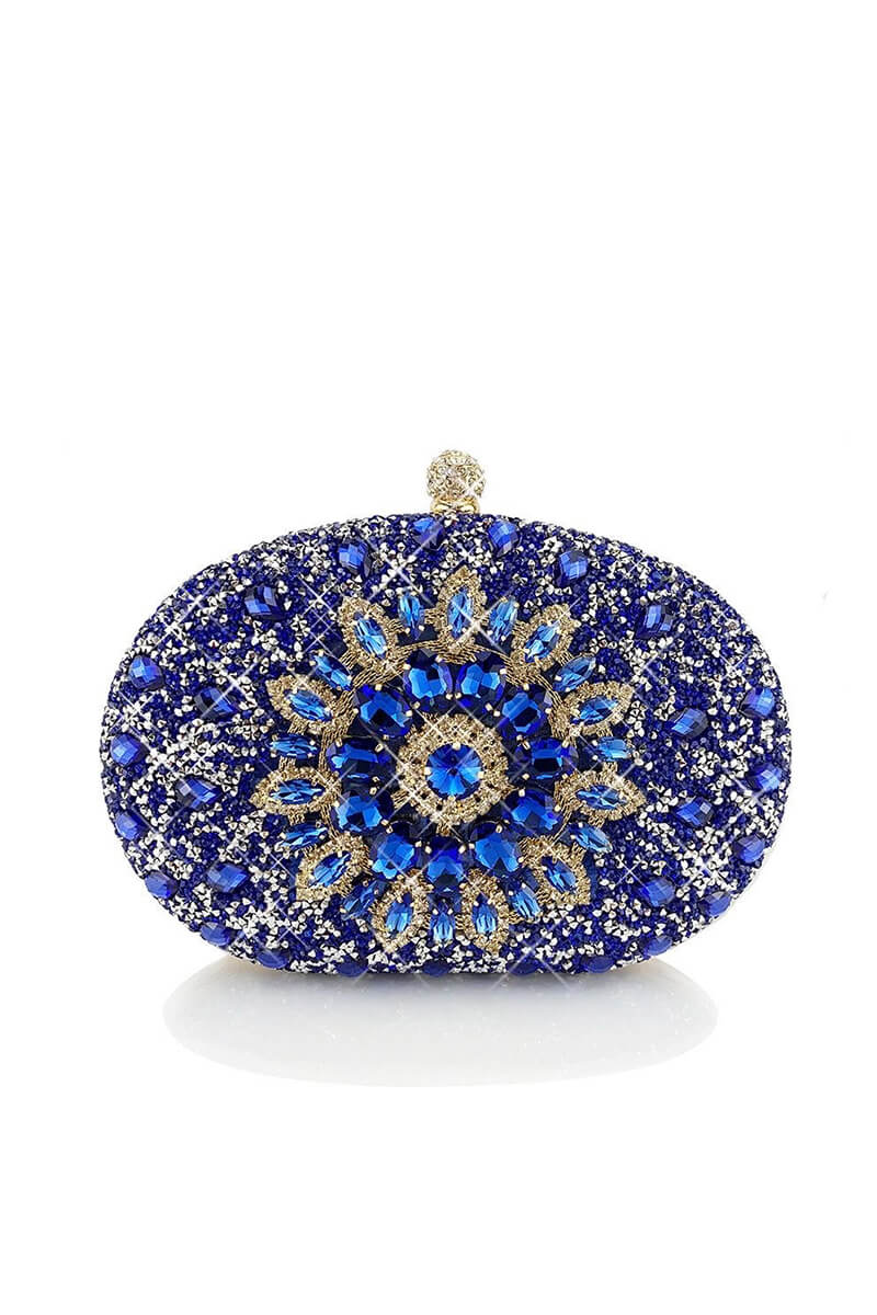 Blue Evening Artificial Diamond Clutch with Wrist Handle and Metal Chain