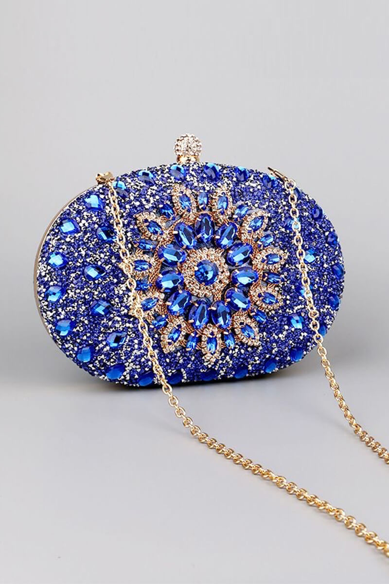 Blue Evening Artificial Diamond Clutch with Wrist Handle and Metal Chain