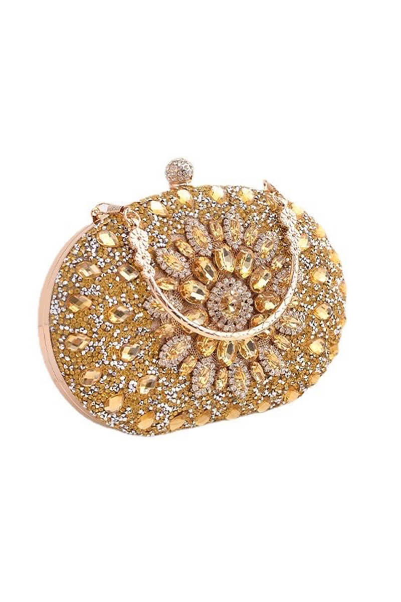 Gold Evening Artificial Diamond Clutch with Wrist Handle and Metal Chain