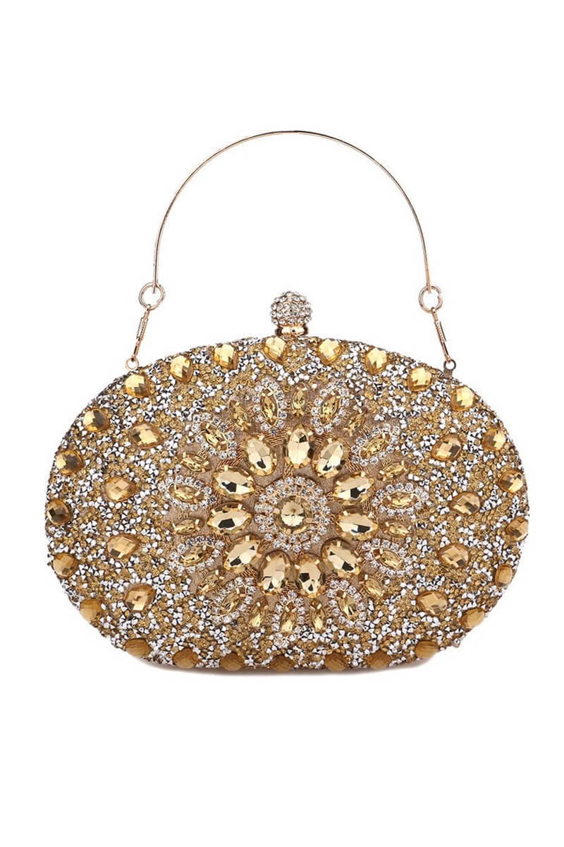 Evening Artificial Diamond Clutch with Wrist Handle and Metal Chain Gold