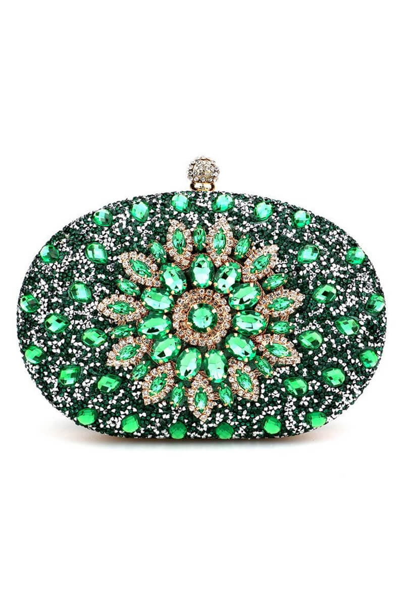 Green Evening Artificial Diamond Clutch with Wrist Handle and Metal Chain