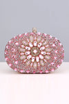 Pink Evening Artificial Diamond Clutch with Wrist Handle and Metal Chain