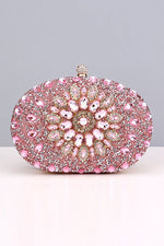 Pink Evening Artificial Diamond Clutch with Wrist Handle and Metal Chain