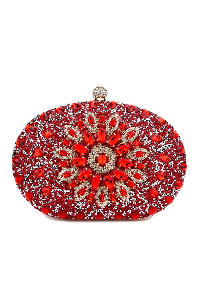 Red Evening Artificial Diamond Clutch with Wrist Handle and Metal Chain