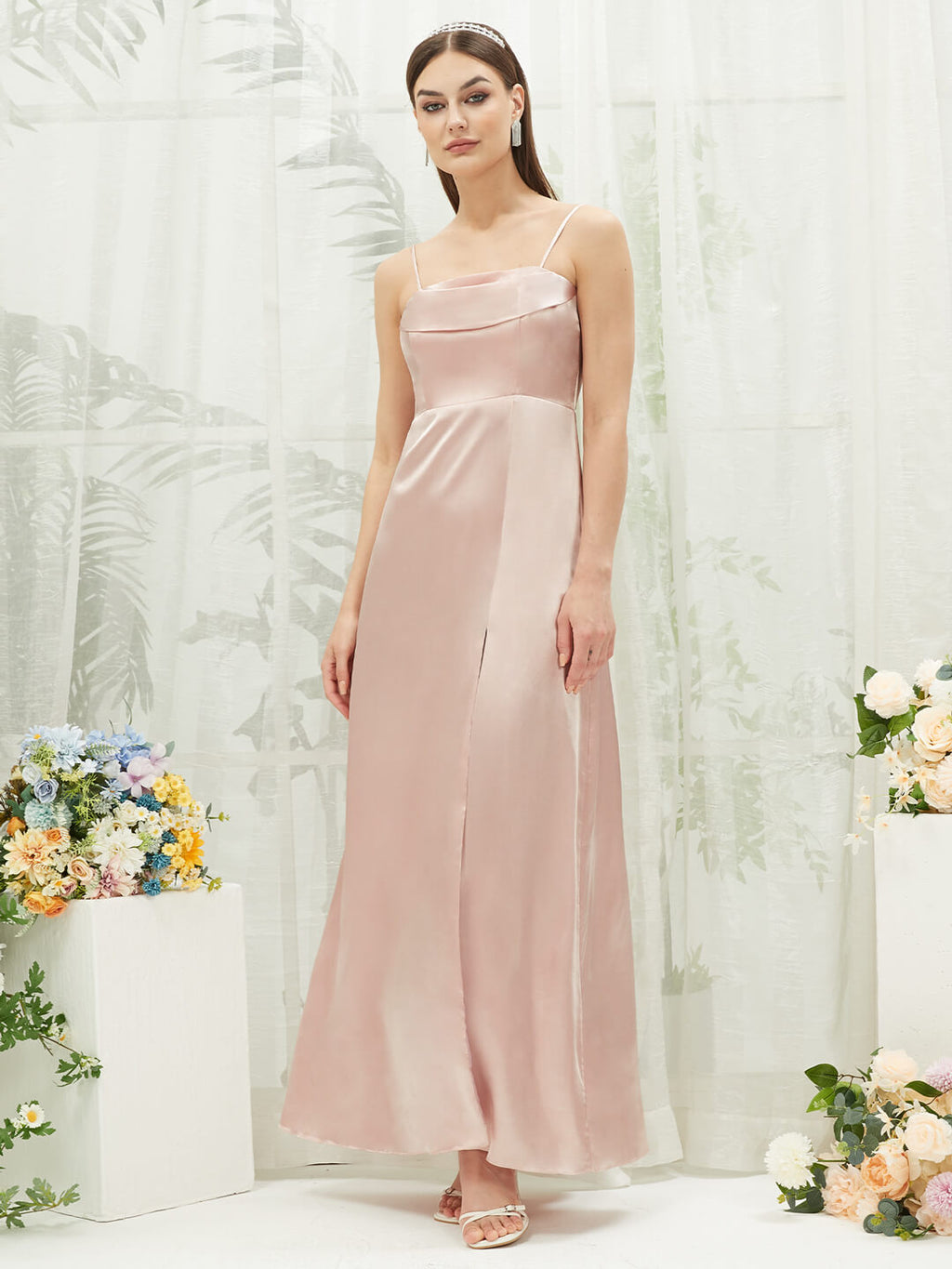 Dusty Pink Satin Convertible Slit Off-Shoulder Pleated Cowl Neck Strapless Adjustable Straps Bridesmaid Dress Mina for Women from NZBridal