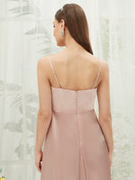 Dusty Pink Satin Convertible Slit Off-Shoulder Pleated Cowl Neck Strapless Adjustable Straps Bridesmaid Dress Mina