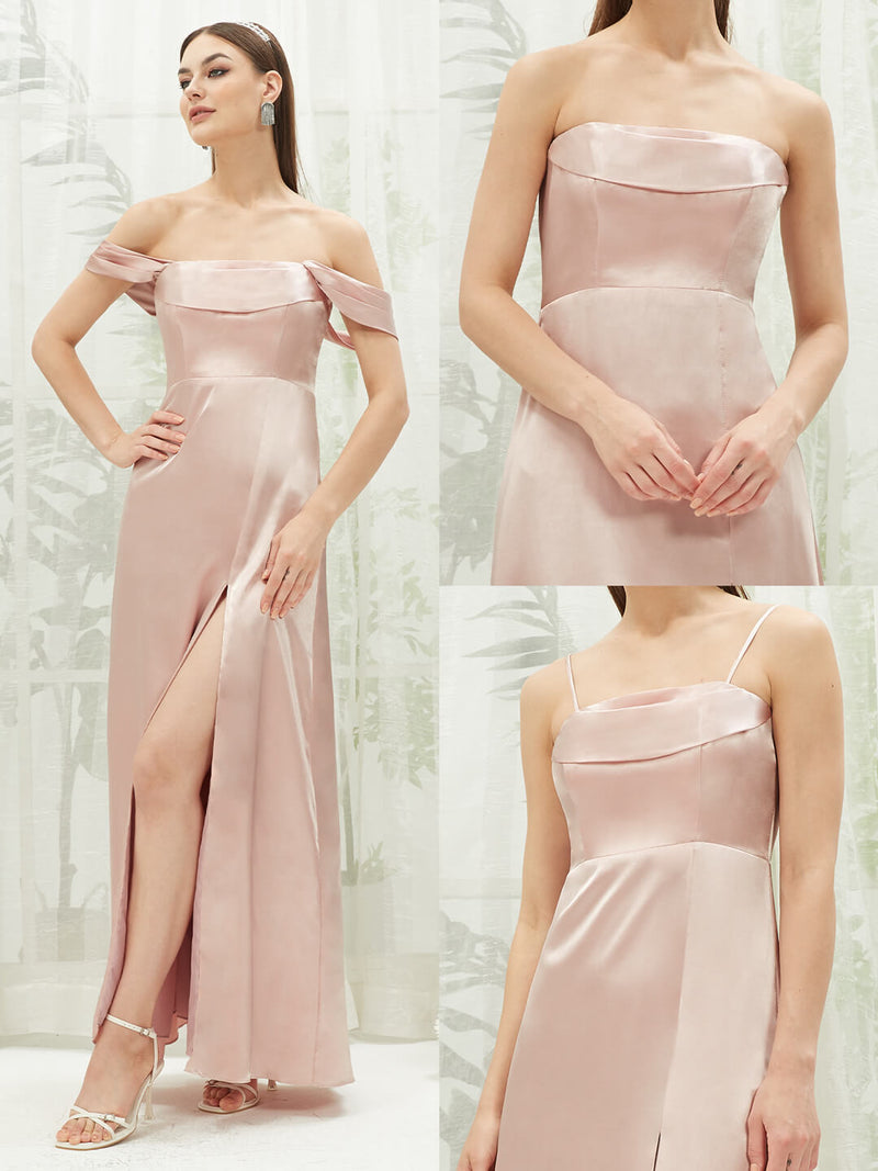 Dusty Pink Satin Convertible Slit Off-Shoulder Pleated Cowl Neck Strapless Adjustable Straps Bridesmaid Dress Mina for Women from NZ