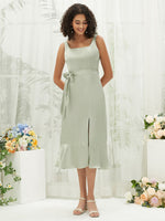 Sage Green Silk Satin Spaghetti Straps Midi Length A Line Square Neckline Elegant Bridesmaid Dress  for Women Eugenia