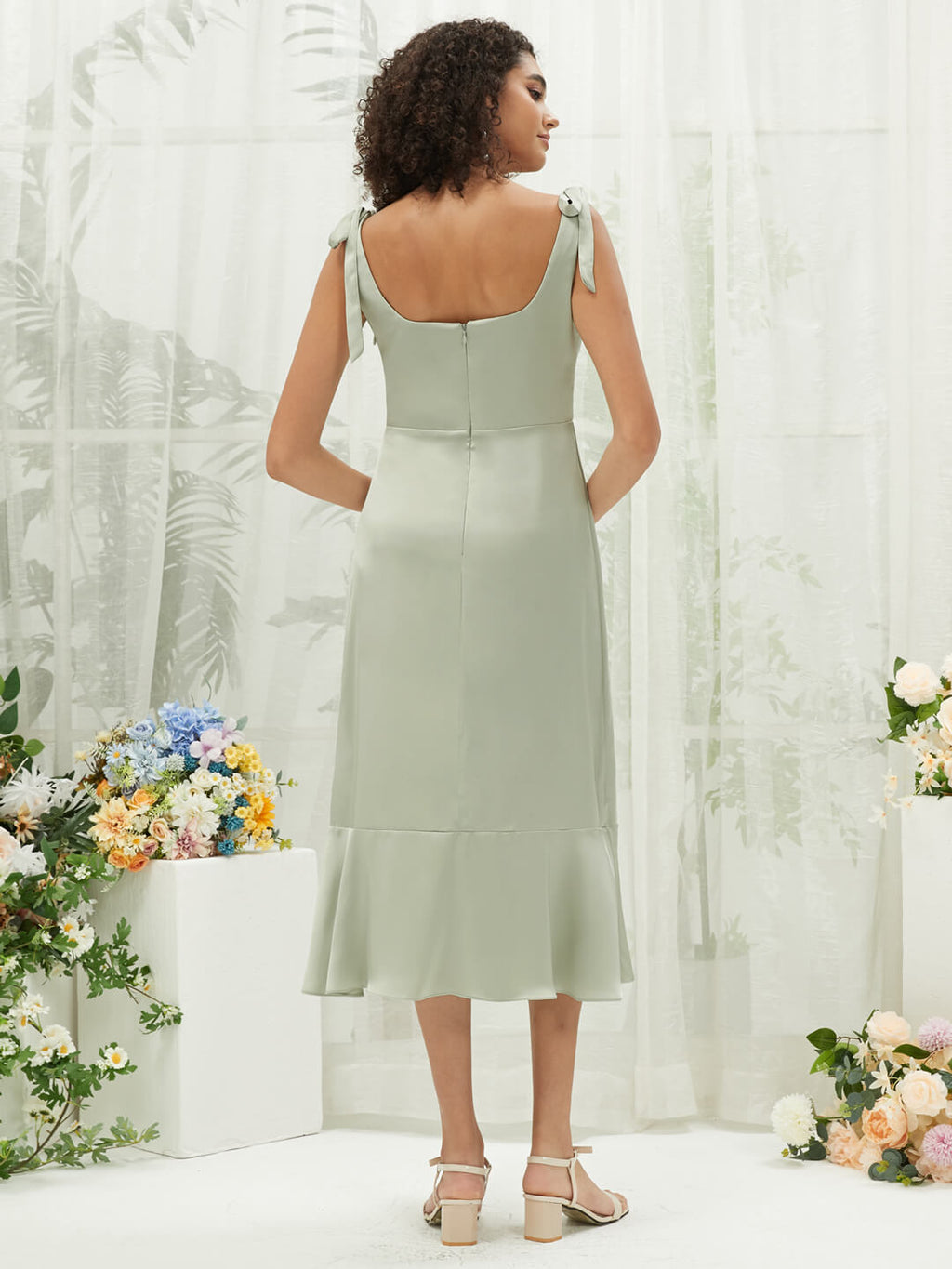 Sage Green Silk Satin Spaghetti Straps Midi Length A Line Square Neckline Elegant Bridesmaid Dress  for Women from NZ Bridal Eugenia