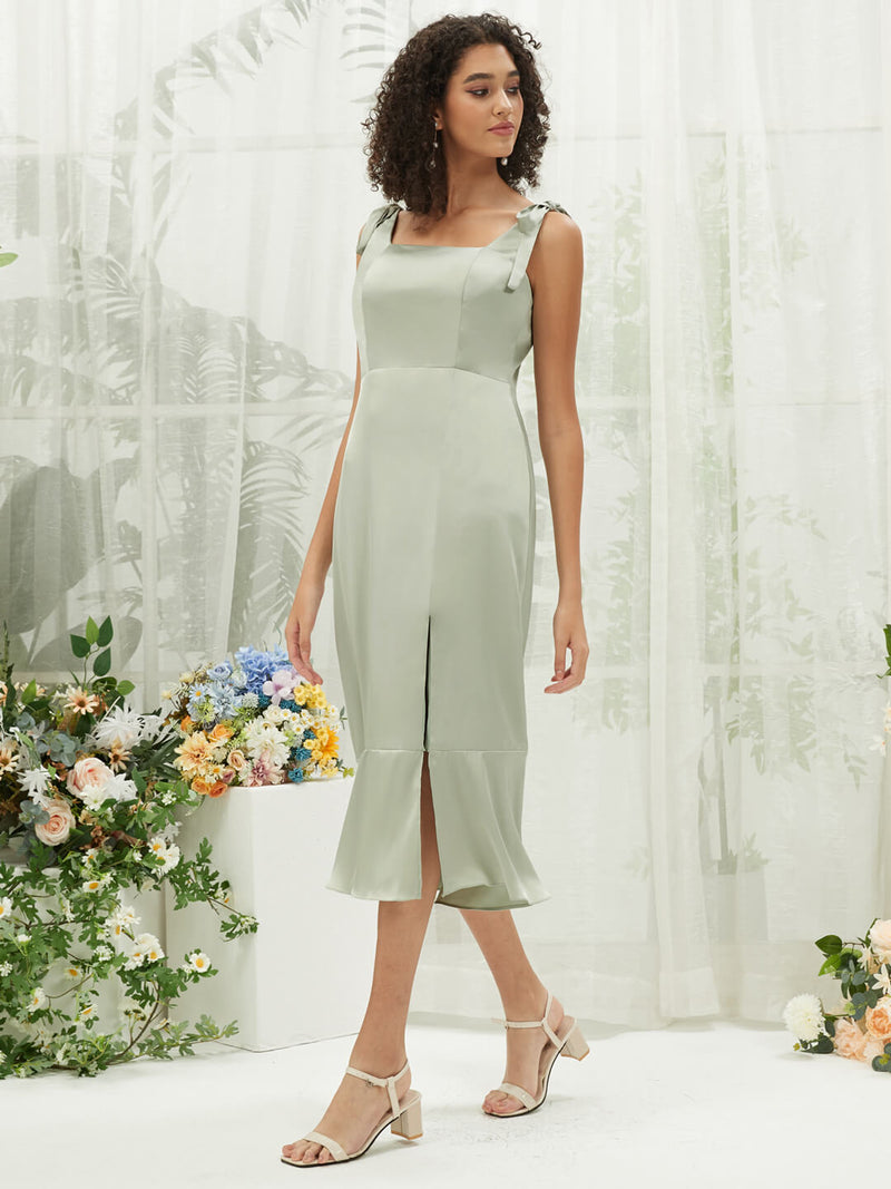 Sage Green Silk Satin Spaghetti Straps Midi Length A Line Square Neckline Elegant Bridesmaid Dress from NZ Bridal Eugenia