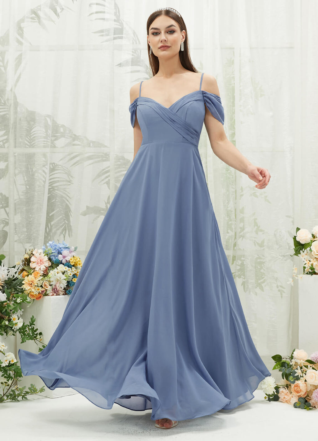 Chiffon Cold Shoulder Cap Sleeve Sweetheart Empire Pocket Bridesmaid Dress Spence