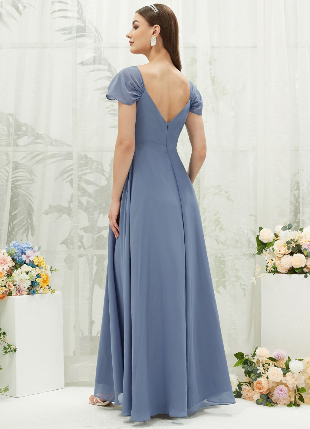 Chiffon Cold Shoulder Cap Sleeve Sweetheart Empire Pocket Bridesmaid Dress Spence