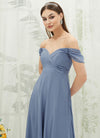 Slate Blue Chiffon Cold Shoulder Cap Sleeve Sweetheart Empire Pocket Bridesmaid Dress Spence from NZ Bridal