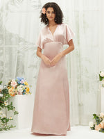 Blush Satin V-Neck Flutter Sleeve Flowy Slit Floor Length Bridesmaid Dress Jesse for Women from NZ Bridal a1