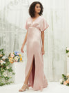 Blush Satin V-Neck Flutter Sleeve Flowy Slit Floor Length Bridesmaid Dress Jesse for Women from NZ Bridal