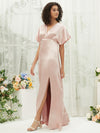 Dusty Pink Satin V-Neck Flutter Sleeve Flowy Slit Floor Length Bridesmaid Dress Jesse for Women from NZ Bridal