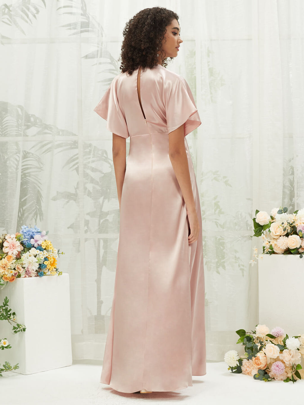 Blush Satin V-Neck Flutter Sleeve Flowy Slit Floor Length Bridesmaid Dress Jesse for Women from NZ Bridal